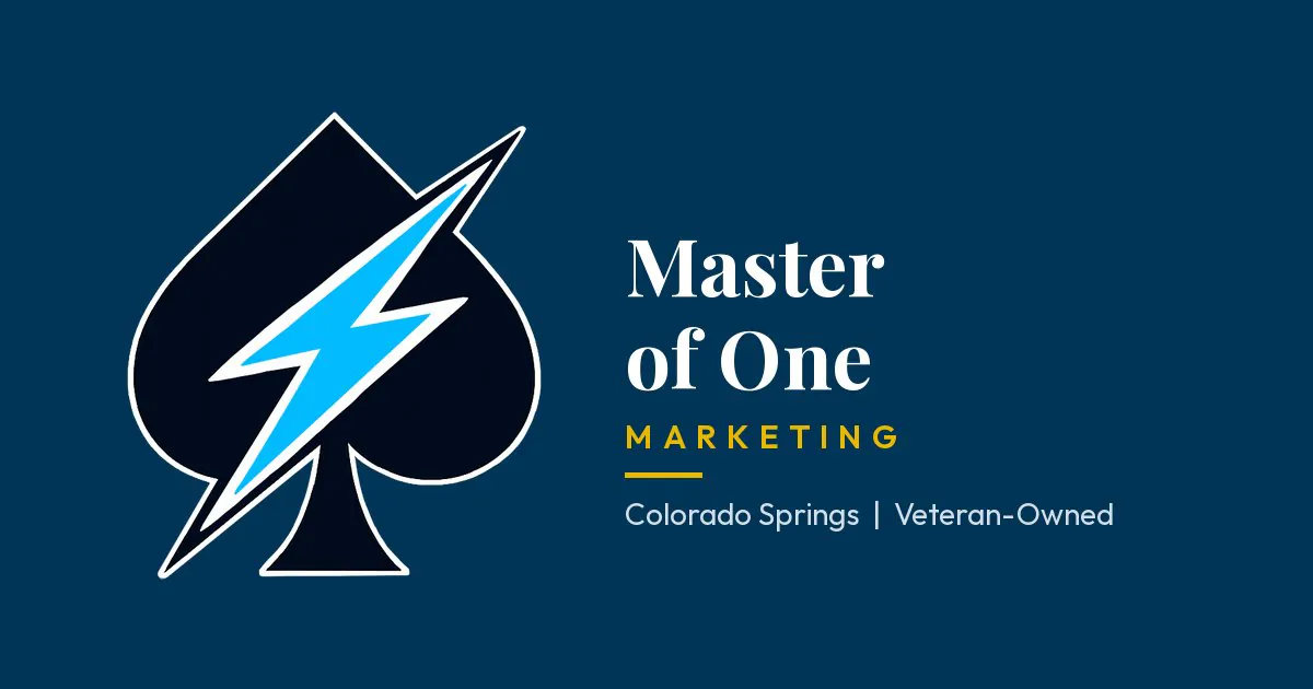 Master of One Marketing lightning spade logo on navy